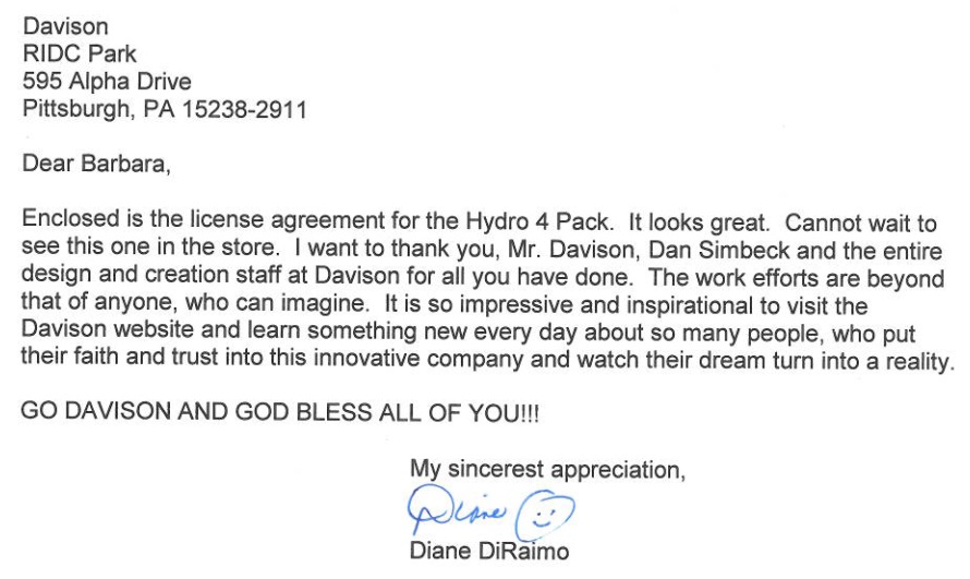 diane diraimo letter to davison davison designs
