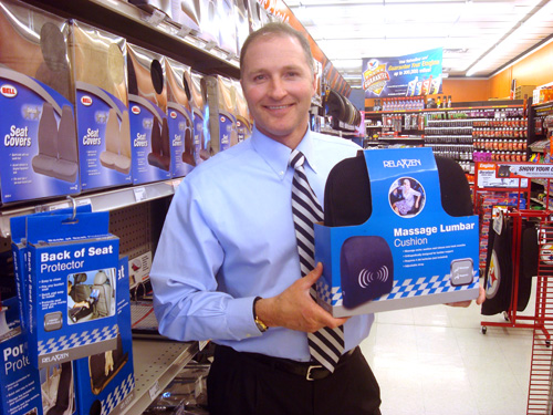 George Davison with Davison produced product idea: Massage Lumbar Cushion Packaging