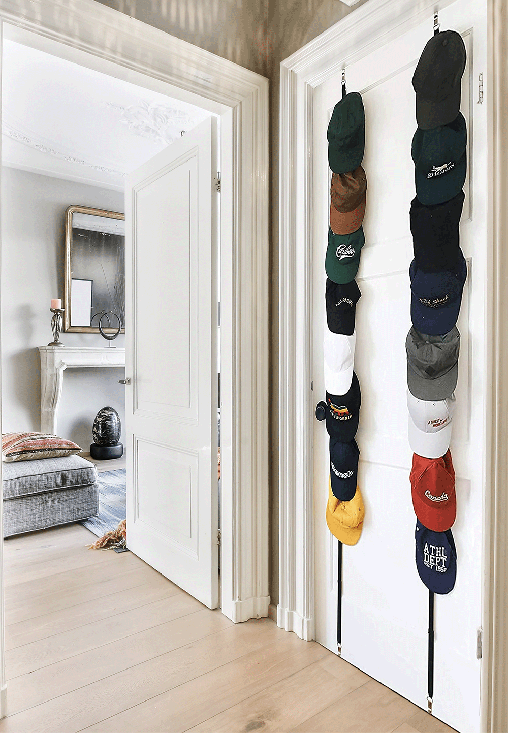Cap Rack in hallway closet.
